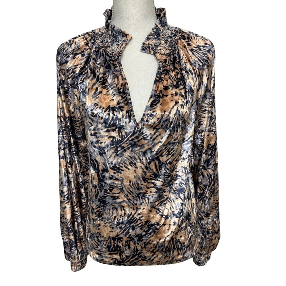 Free People Crushed Velvet Balloon
Sleeve Boho Blouse Blue Tan Smocked SZ Large